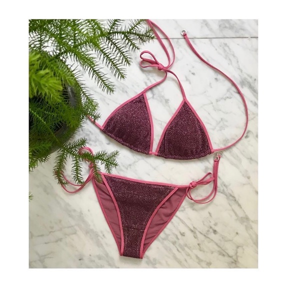 NEW HANNE BLOCH Small Pink glitter triangle bikini set with removable padding - Picture 2 of 7
